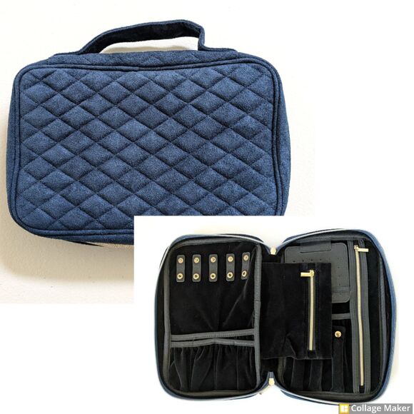 Accessories - Quilted Navy Blue Travel Jewelry Organizer Case Zip Pouch Padded Storage Bag